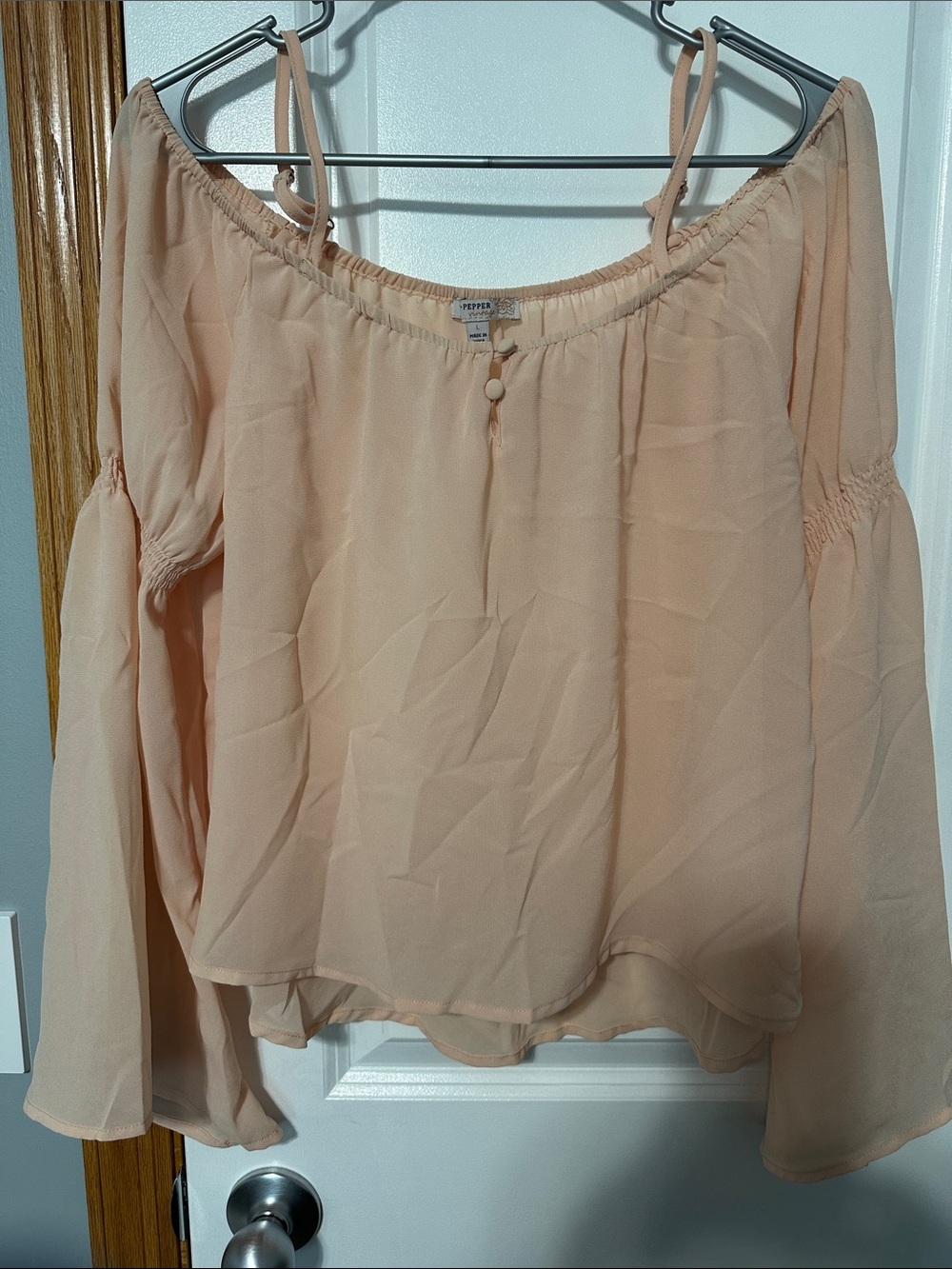 Blu Pepper Peach Off-The-Shoulder Bell Sleeve Blouse